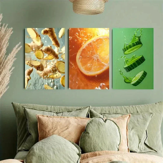 3pcs  Ginger, Orange, and Cucumber splashes Metal Print Ready to Hang Art