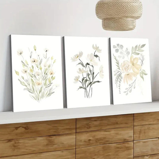 3pcs Flowers Green Leaves Wild Plants YellowWall Art Set Canvas Framed 40x60cm - High Quality Print 100% Australian Made Wall Canvas Ready to Hang