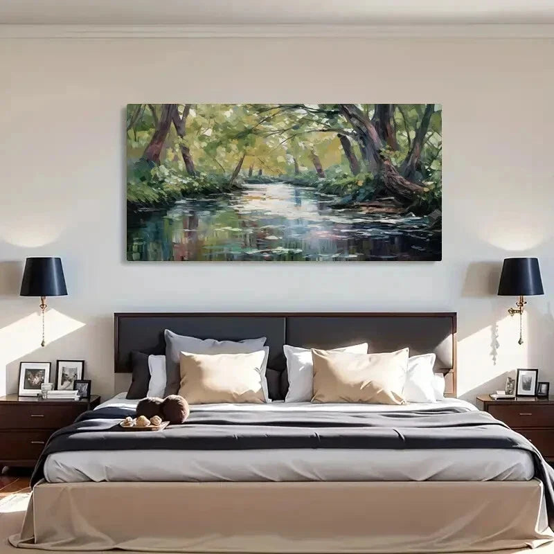 Serene Forest & River Scene Wall Art Canvas Office Home Room Framed 120x60cm