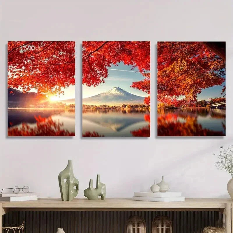 3pcs Autumn Mount Fuji Landscape with Maple Leaves Metal Print Ready to Hang Art