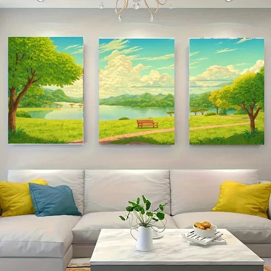 3pcs A Serene Landscape Featuring a Lake Metal Print Ready to Hang Art