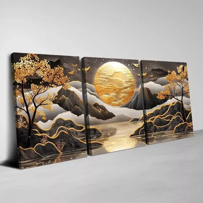 3pcs Beautiful Golden Sun Mountain Trees View Wall Art Set  Canvas Framed 40x60cm - High Quality Print 100% Australian Made Wall Canvas Ready to Hang