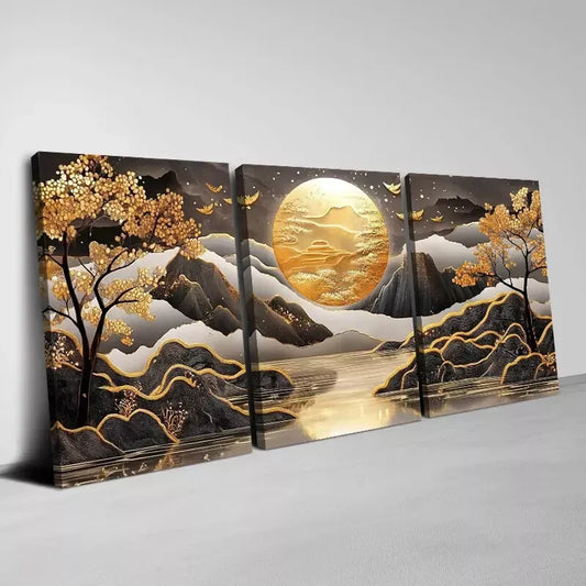 3pcs Beautiful Golden Sun Mountain Trees View Wall Art Set  Canvas Framed 40x60cm - High Quality Print 100% Australian Made Wall Canvas Ready to Hang