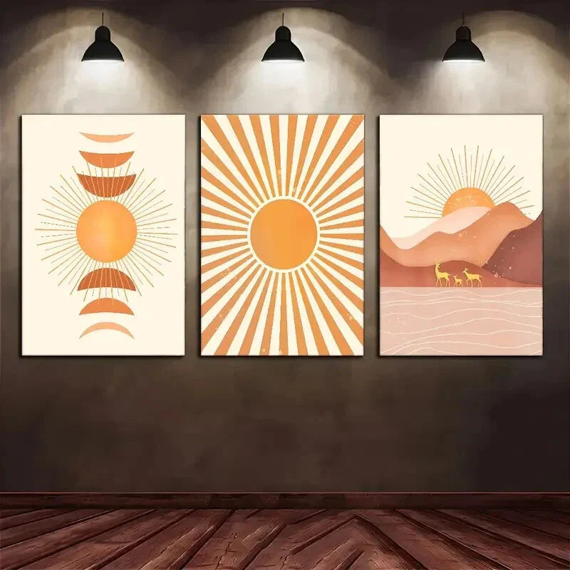 3pcs Landscape Sun Mountains And Deer Poster Art Metal Print Ready to Hang Art