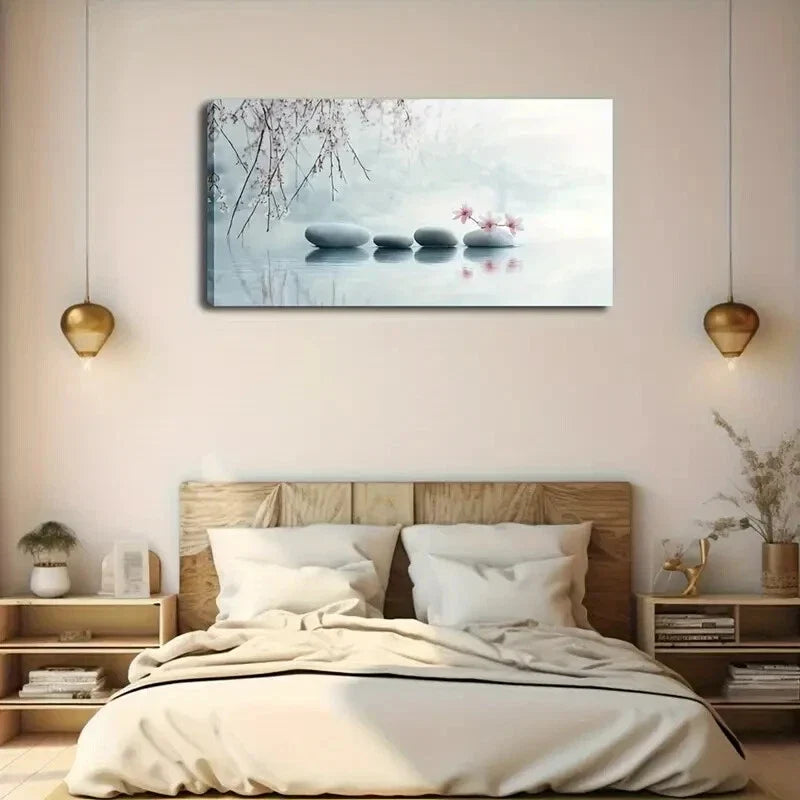 Gray Pebbles & Pink Flowers Wall Art Canvas Office Home Room Framed 120x60cm