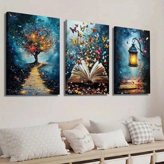 3pcs Enchanting Book with Fluttering Butterflies Wall Art Set Canvas Framed 40x60cm - High Quality Print 100% Australian Made Wall Canvas Ready to Hang