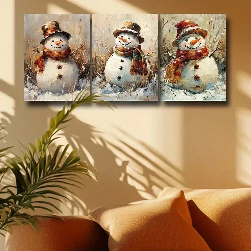 3pcs Snowman with Hat Metal Print Ready to Hang Art