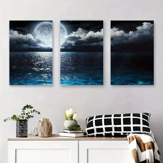 3pcs Serene Night Sky & Cloud Reflections Metal Print Ready to Hang Art