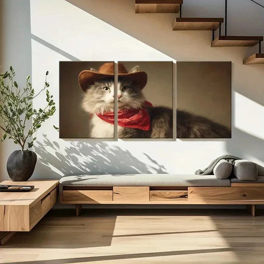 3pcs Red Bandana & Brown Hat Whiskers & Fluffy Fur Metal Print Ready to Hang Art