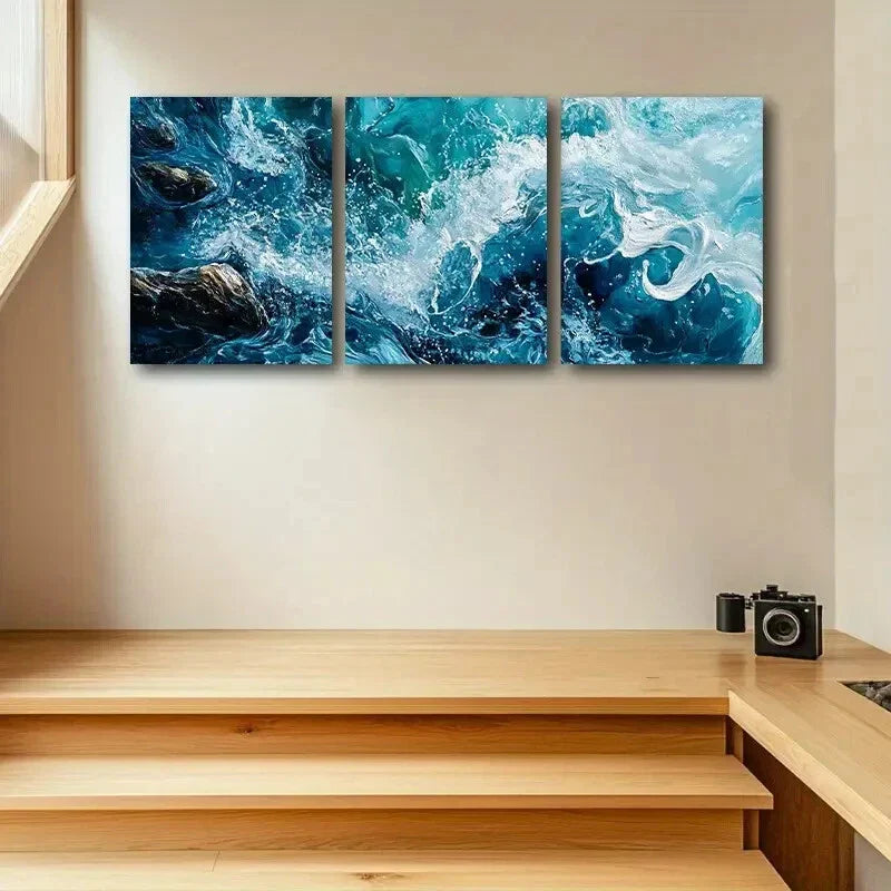 3pcs Waves Crashing against Rocks Metal Print Ready to Hang Art