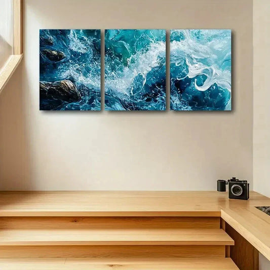 3pcs Waves Crashing against Rocks Metal Print Ready to Hang Art