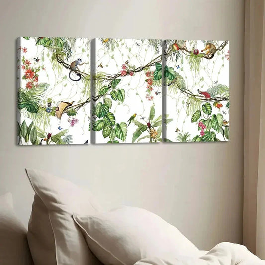 3pcs Tropical Forest Wildlife Monkey Green Leaf Wall Art Set Canvas Framed 40x60cm - High Quality Print 100% Australian Made Wall Canvas Ready to Hang