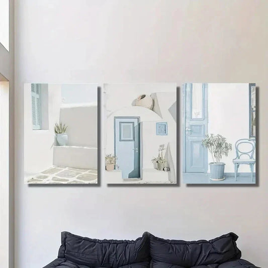 3pcs Santorini Island Blue Doors &amp; Porches Metal Print Ready to Hang Art