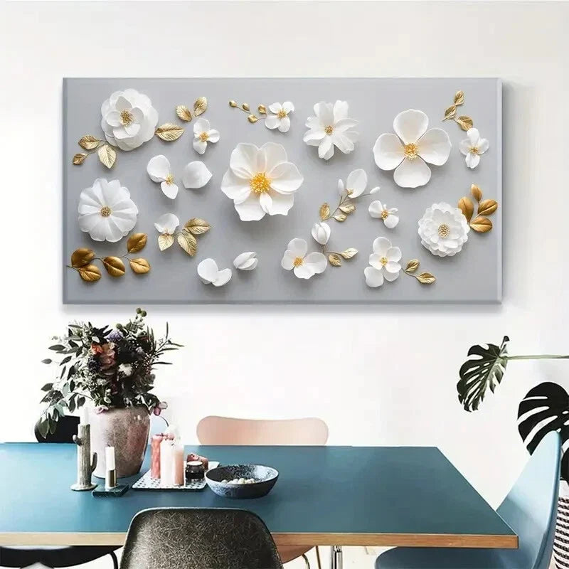 Golden White Floral Deco Floral Wall Art Canvas Office Home Room Framed 80x45cm