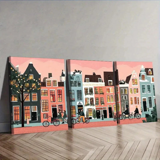 3pcs Beautiful Fairytale Town, Wall Art Set Canvas Framed 40x60cm - High Quality Print 100% Australian Made Wall Canvas Ready to Hang
