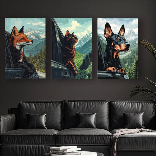 3pcs Animal Themes Through Car Windows Metal Print Ready to Hang Art