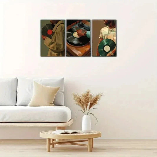 3pcs Vintage Gramophone & Vinyl Record Metal Print Ready to Hang Art