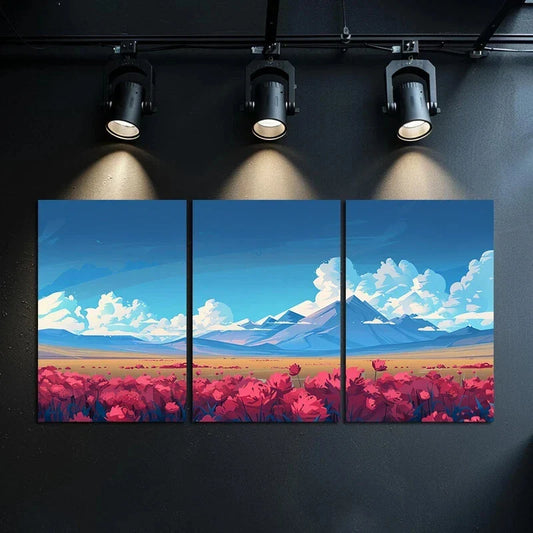 3pcs Nature Red Flowers Mountain Metal Print Ready to Hang Art