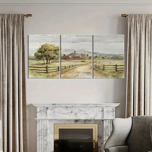 3pcs Rustic Barn, Serene Landscape Metal Print Ready to Hang Art
