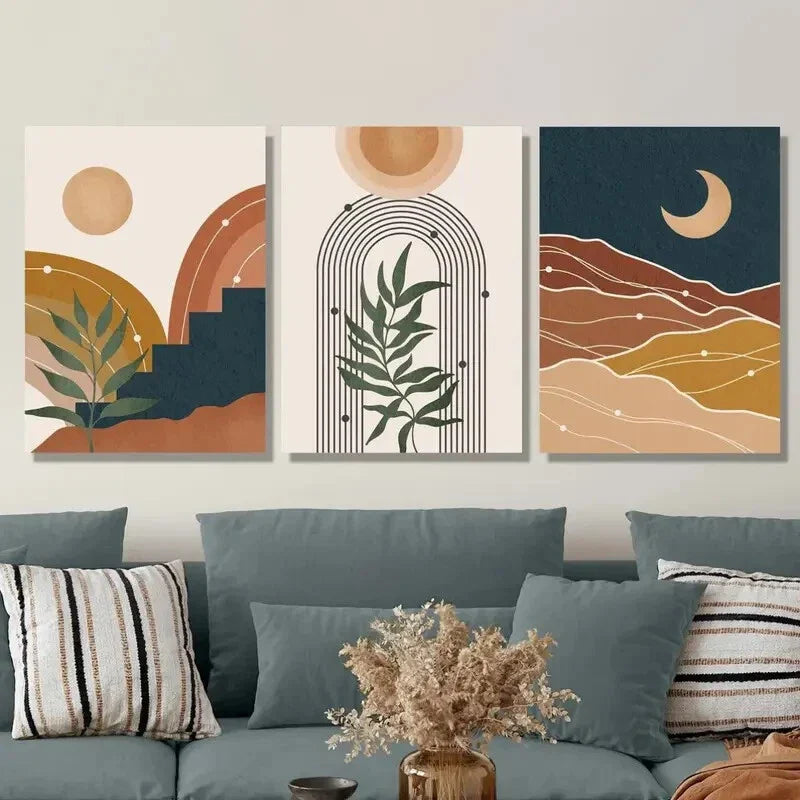 3pcs Sun Moon Tropical Plants, Metal Print Ready to Hang Art
