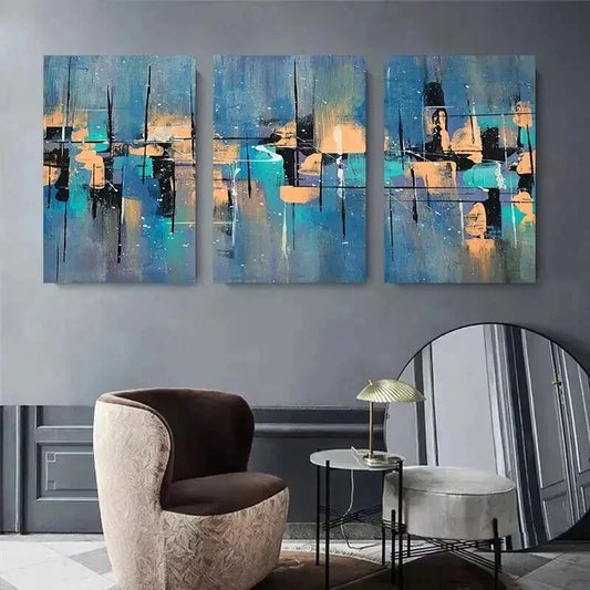 3pcs Blue Orange & Black Brushstroke Wall Art Set Canvas Framed 40x60cm - High Quality Print 100% Australian Made Wall Canvas Ready to Hang