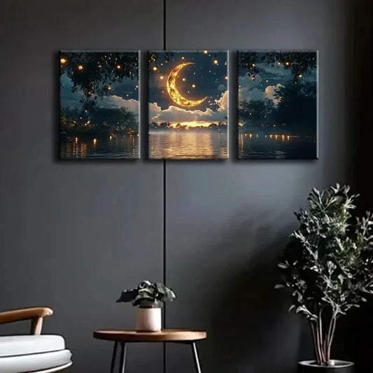 3pcs Featuring the Moon in the Sky Perfect Wall Art Set Canvas Framed 40x60cm - High Quality Print 100% Australian Made Wall Canvas Ready to Hang