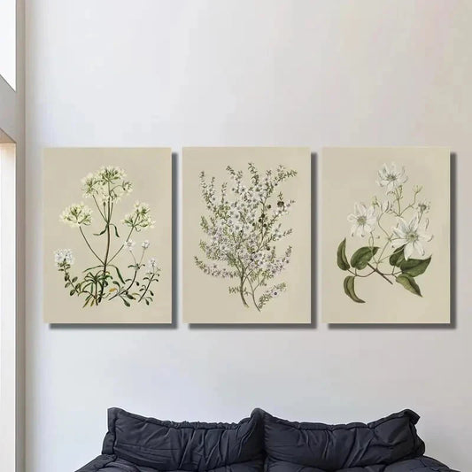 3pcs botanical art painting, retro flowers Metal Print Ready to Hang Art