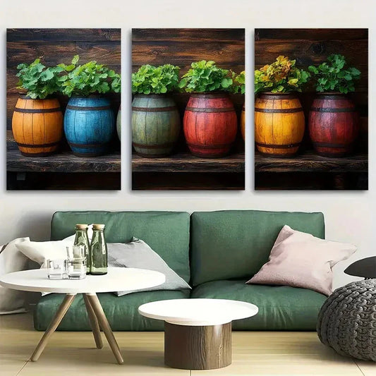 3pcs Wine Barrels Wine Or Cognac Barrels Metal Print Ready to Hang Art