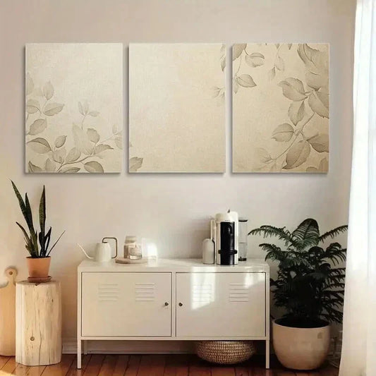 3pcs Beige-Colored Floral and Plant Design Metal Print Ready to Hang Art