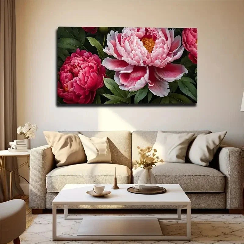Blooming Peony Suitable Wall Art Canvas Office Home Room Framed 80x45cm