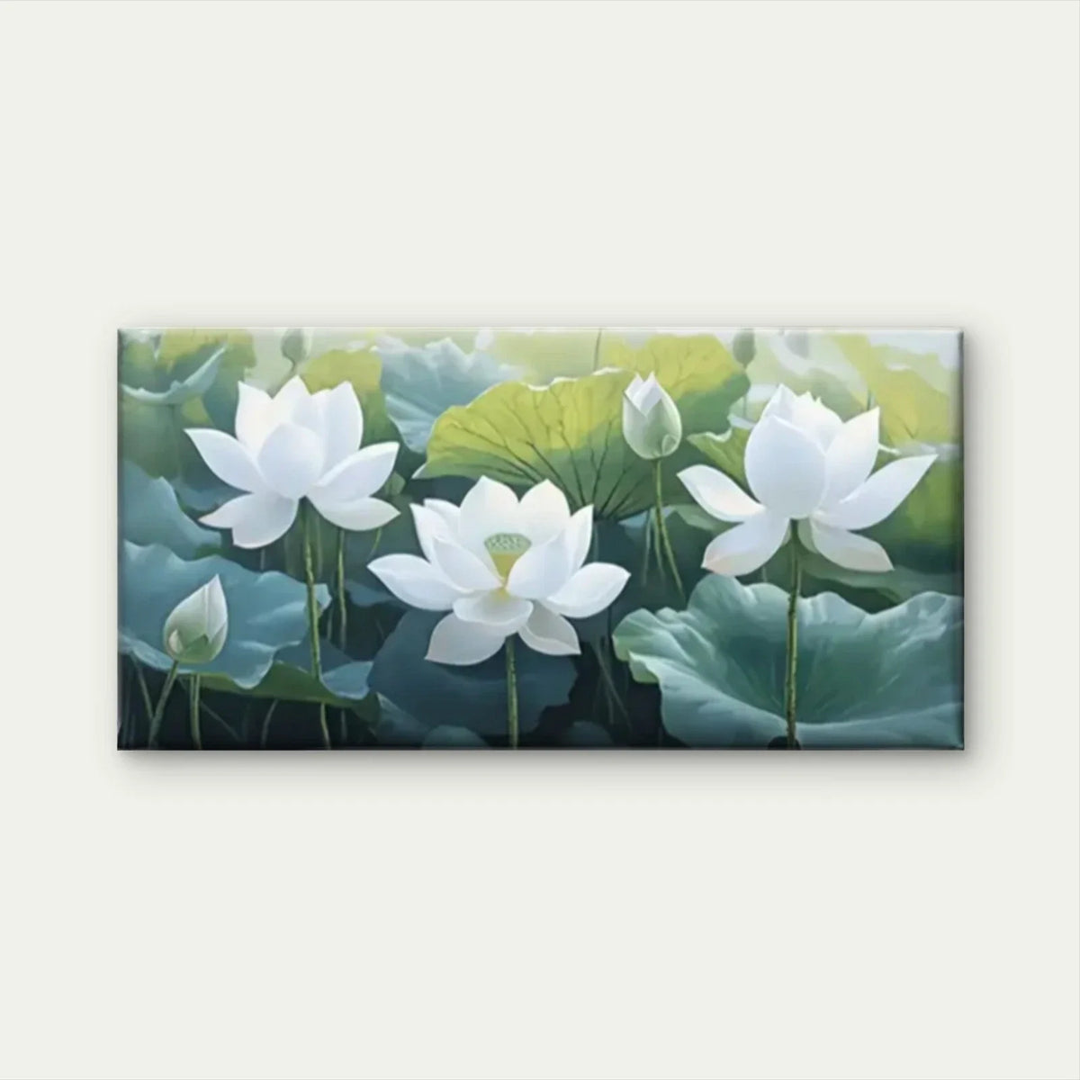Lotus Flower White Green Leave Wall Art Canvas Office Home Room Framed 80x45cm