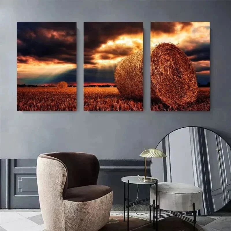 3pcs Sunset Hay Bales Golden Field Landscape Wall Art Set Canvas Framed 40x60cm - High Quality Print 100% Australian Made Wall Canvas Ready to Hang