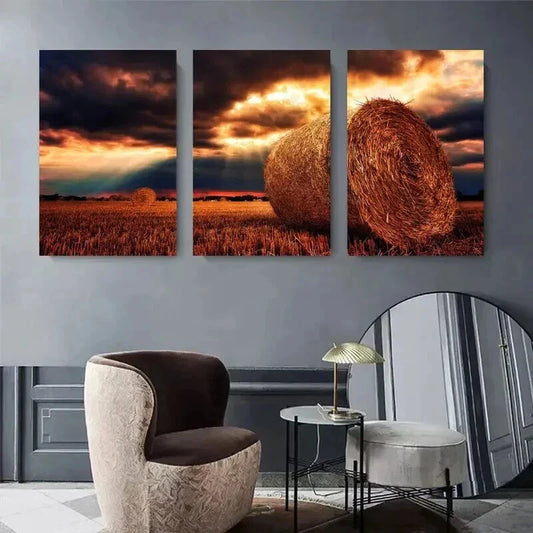 3pcs Sunset Hay Bales Golden Field Landscape Wall Art Set Canvas Framed 40x60cm - High Quality Print 100% Australian Made Wall Canvas Ready to Hang