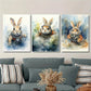 3pcs Blue Green Brown Bunny Wearing Dresses Metal Print Ready to Hang Art