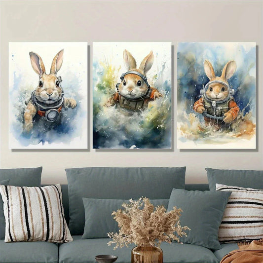 3pcs Blue Green Brown Bunny Wearing Dresses Metal Print Ready to Hang Art