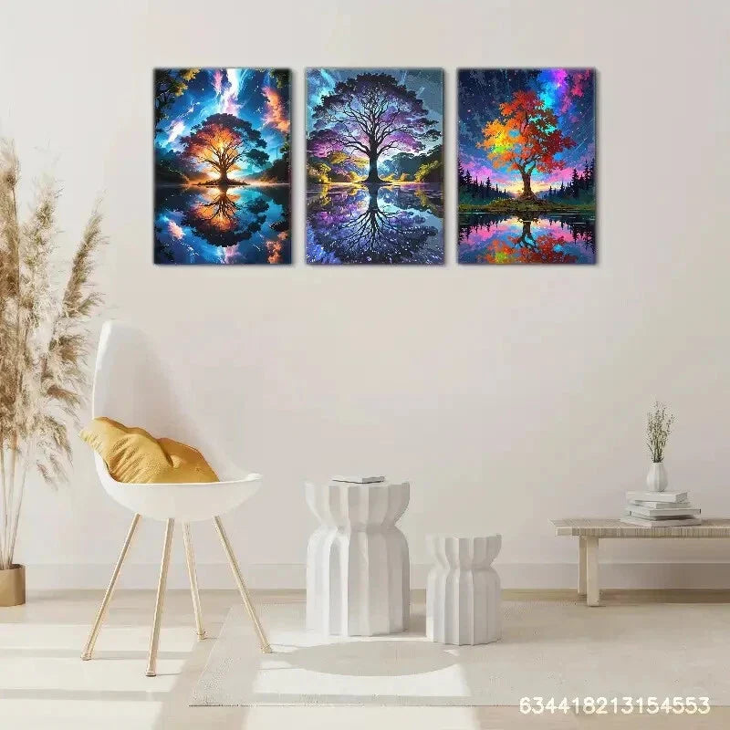 3pcs Elegant Fortune Tree Wall Art Colorful Metal Print Ready to Hang Art