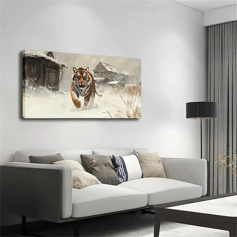 Ferocious Tiger Snowy Landscape Wall Art Canvas Office Home Room Framed 120x60cm
