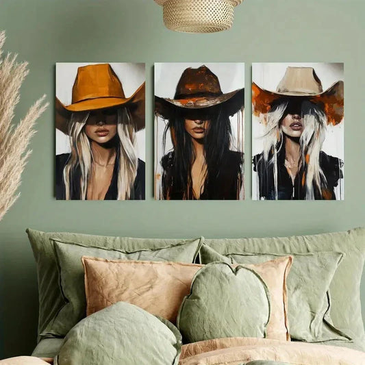 3pcs Rustic Farmhouse Blonde Woman in Cowboy Hat Metal Print Ready to Hang Art