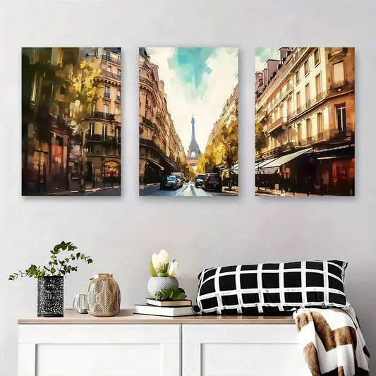3pcs Street View with Eiffel Tower Metal Print Ready to Hang Art