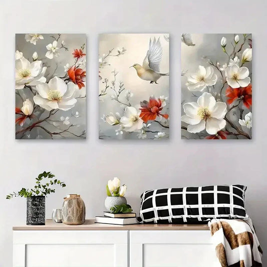 3pcs Elegant Magnolia and Bird Nature Metal Print Ready to Hang Art