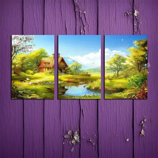 3pcs Spring Landscape with River and Trees Canvas Framed 40x60cm - High Quality Print 100% Australian Made Wall Canvas Ready to Hang