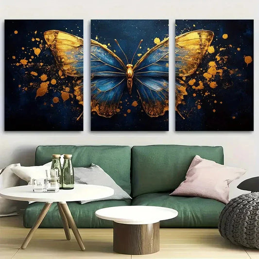 3pcs Elegant Navy and Golden Butterfly Metal Print Ready to Hang Art