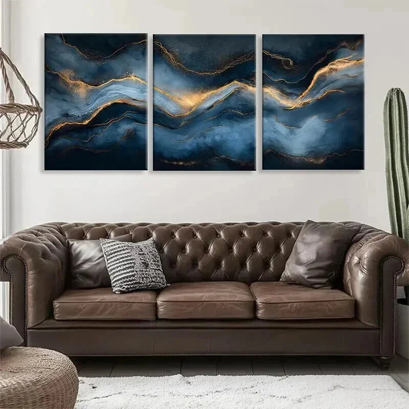3pcs Abstract Blue and Golden Marble-Inspired Wall Art Set Canvas Framed 40x60cm - High Quality Print 100% Australian Made Wall Canvas Ready to Hang