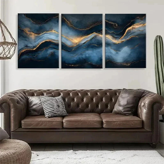 3pcs Abstract Blue and Golden Marble-Inspired Wall Art Set Canvas Framed 40x60cm - High Quality Print 100% Australian Made Wall Canvas Ready to Hang