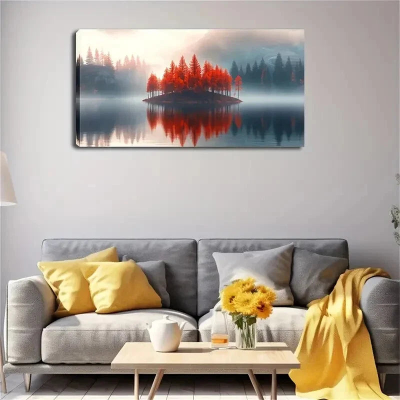 Red Tree Lake Scene Vibrant Wall Art Canvas Office Home Room Framed 120x60cm