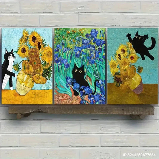 3pcs Kitten and Sunflower Famous Oil Painting Metal Print Ready to Hang Art