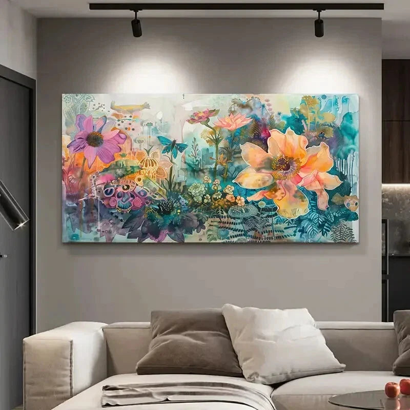 Vibrant Floral & Green Plant Wall Art Canvas Office Home Room Framed 80x45cm