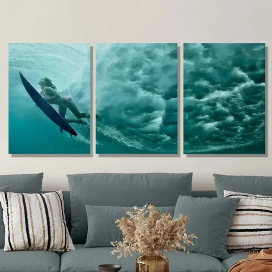 3pcs Surfer Girl, Sea Waves, Sports Metal Print Ready to Hang Art