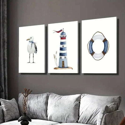 3pcs White Seagull Lighthouse Nautical Lifebuoy Wall Art Set Canvas Framed 40x60cm - High Quality Print 100% Australian Made Wall Canvas Ready to Hang