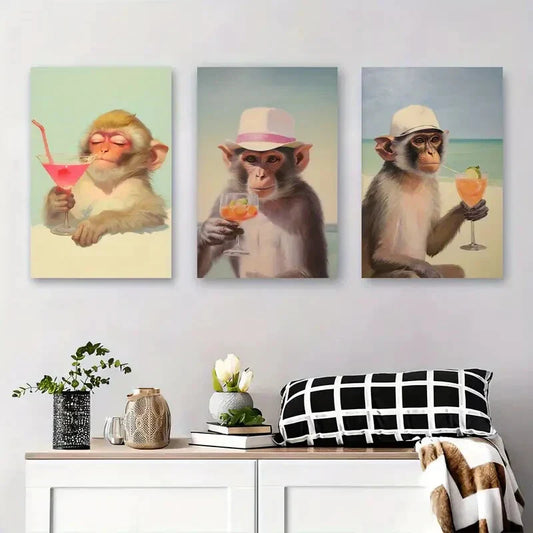 3pcs Tropical Monkey Cocktail Fun Beach Metal Print Ready to Hang Art